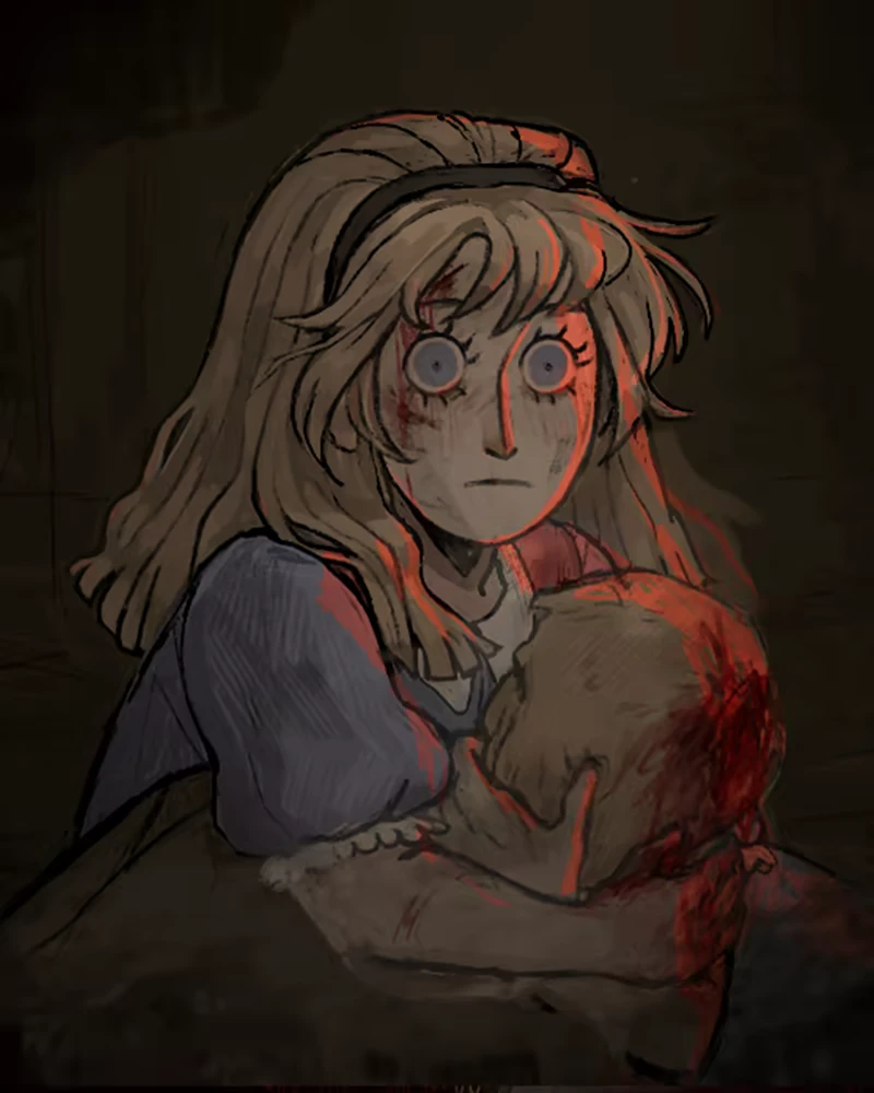 Alice Doll Horror – HABROMANIA HABROMANIA: Alice with wide eyes holds a doll in dim light, her face partially shadowed.