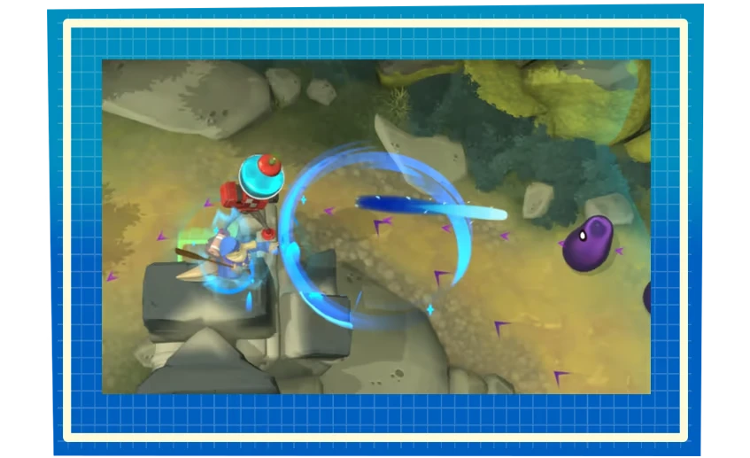 Boomerang Attack – Hack 'n' Stack Hack 'n' Stack: Blue slash arc hits purple blob near rocks, framed by blue grid border.