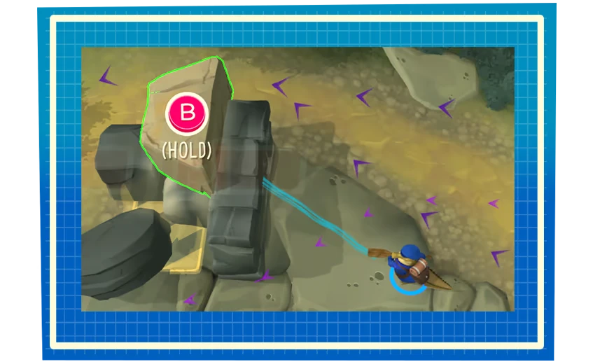 Boulder Push Prompt – Hack 'n' Stack Hack 'n' Stack: Blue character pulling a rock; prompt shows red B icon and “(HOLD)”.
