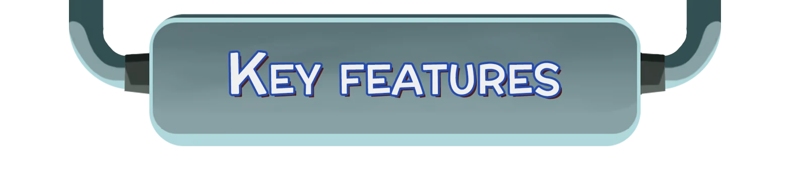 Key Features Banner – Hack 'n' Stack Hack 'n' Stack: “KEY FEATURES” in bold white letters on a gray rounded banner.