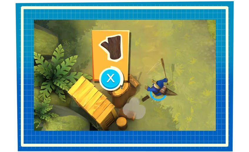 Wood Chopping – Hack 'n' Stack Hack 'n' Stack: Top-down builder with log icon card and blue X prompt by wood pile.