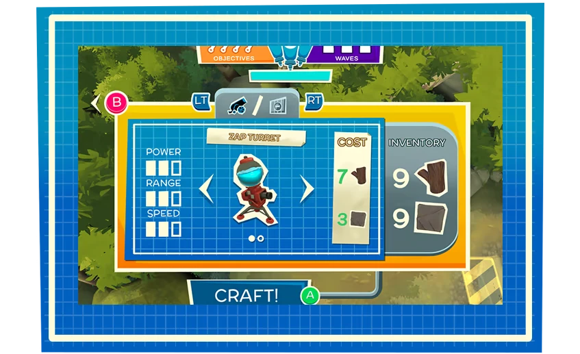 Zap Turret Crafting – Hack 'n' Stack Hack 'n' Stack: Craft menu showing Zap Turret stats, cost, inventory, and CRAFT! button.