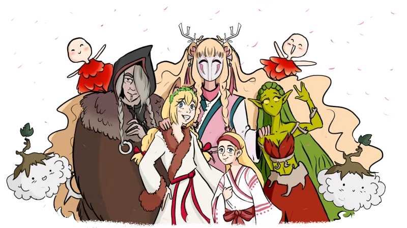 Half Away: Five diverse characters, including a masked figure and green elf, with floating spirits.