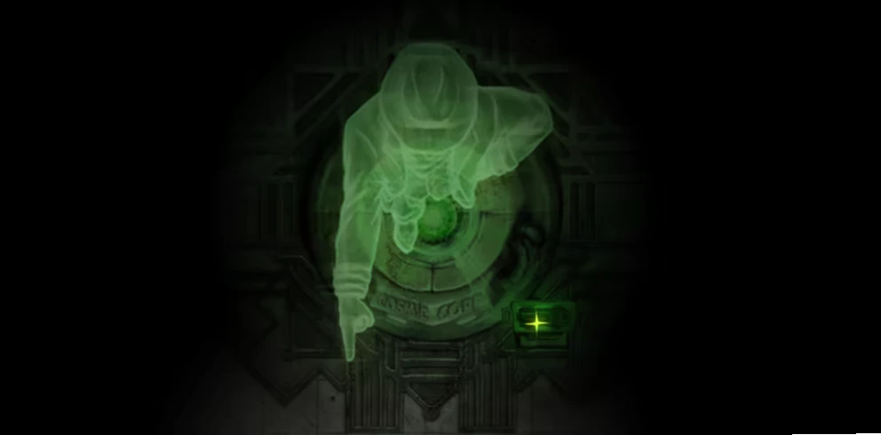 Half Left: Green hologram of a hooded figure pointing at a circular door panel.