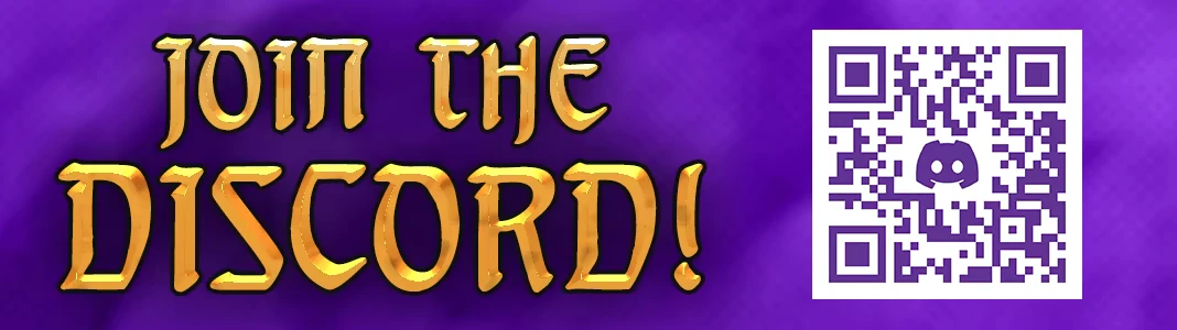 Discord Qr Code – Hand of Fate: Hordes Hand of Fate: Gold text “JOIN THE DISCORD!” on purple background with QR code.