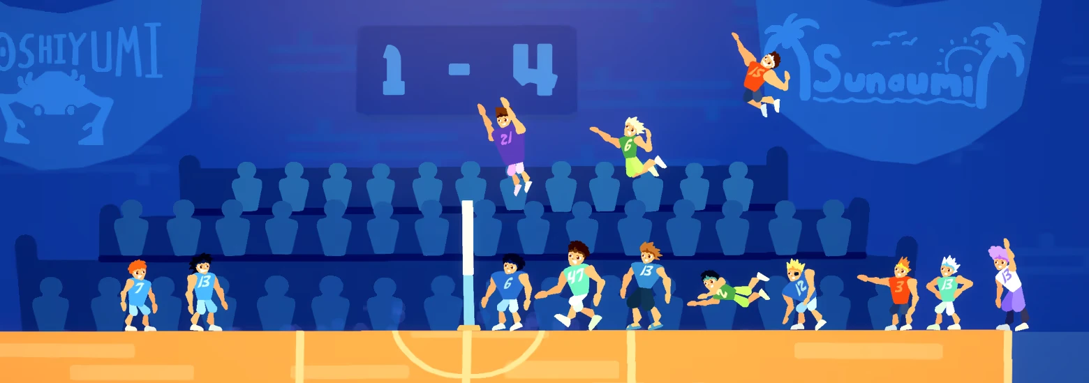 Hangtime!: Volleyball players leap mid-air; score is 1-4. Banners read "Oshiyumi" and "Sunaumi".
