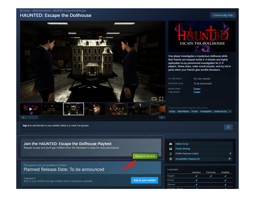 HAUNTED: Steam page screenshot with “Request Access” button and red arrow highlight.
