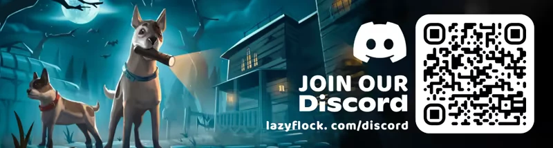 Discord Invite Screen – Haunted Paws Haunted Paws: Two dogs by a haunted house; “JOIN OUR Discord” and QR code.