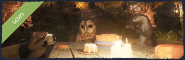 Animal Dinner Table – Hawthorn Hawthorn: Green “DEMO” ribbon over animals at table with candles, cakes, and owl.