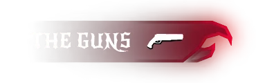 Heavenstrafer: "The Guns" text in gothic font with a white pistol icon on a red background.