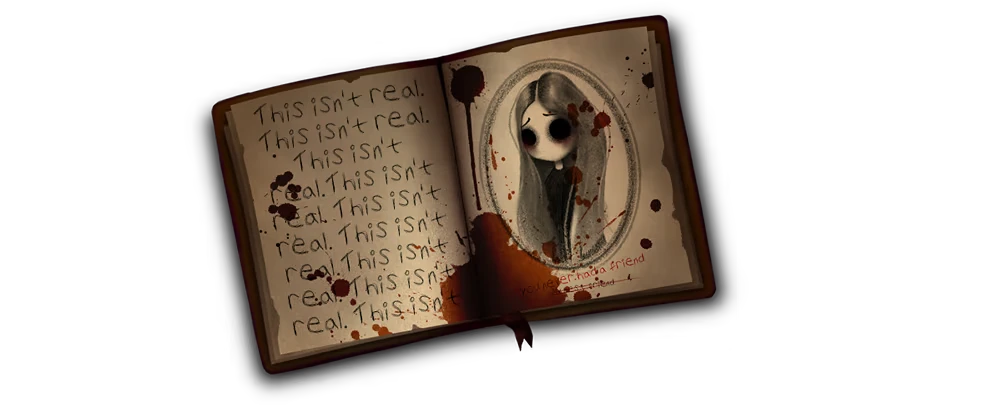 Bloody Journal Portrait – Hell Is Other People Hell Is Other People: Open book with “This isn’t real” scribbles and eerie portrait, bloodstains.