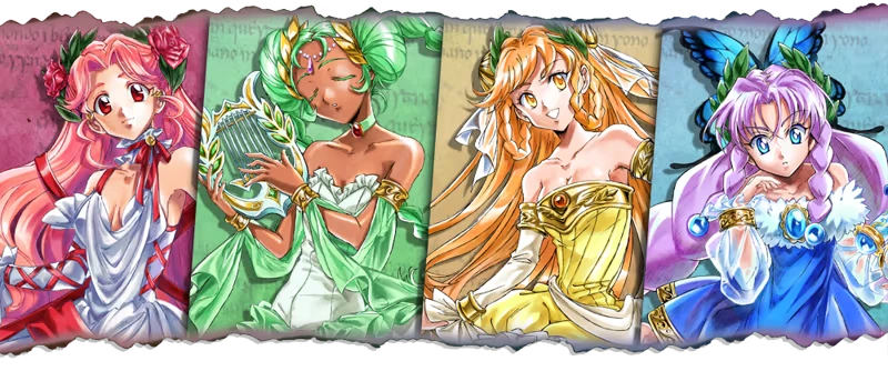 Hell Maiden: Four anime-style characters with colorful hair and outfits on vibrant backgrounds.