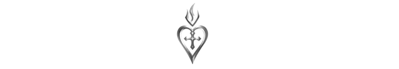 Hell Maiden: Silver heart emblem with a cross and flame design on a black background.