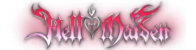 Hell Maiden: Gothic text with heart and flame design on a red background.