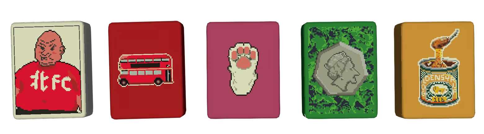 Joker Cards Row – Hell Wait Hell Wait: Five pixel-art cards: man in red shirt, bus, paw, coin, soup can.
