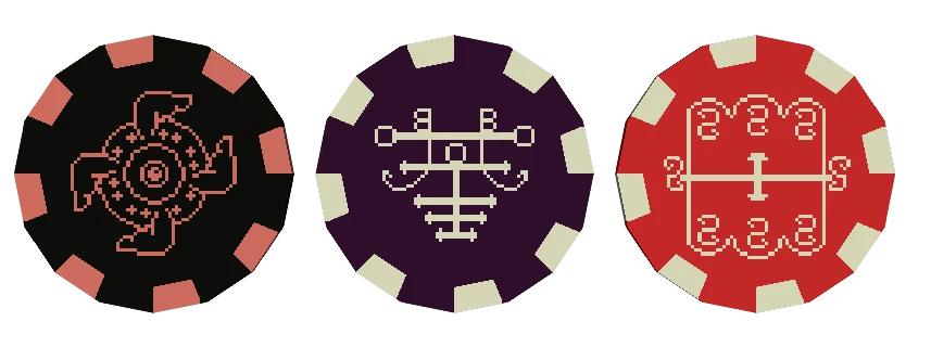 Poker Chips Trio – Hell Wait Hell Wait: Three poker chips with pixel sigils: black, purple, and red on dark bg.