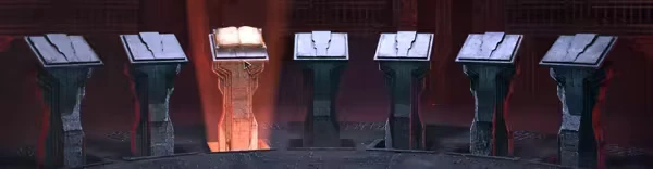 Card Pedestals – HELLCARD II HELLCARD II: Row of stone pedestals with cracked tops; one glows orange with a book.