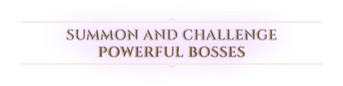Hellforged: Purple banner with gold trim reading “SUMMON AND CHALLENGE POWERFUL BOSSES”.