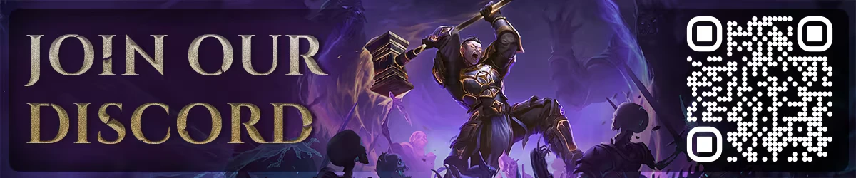 Hellforged: Banner reading JOIN OUR DISCORD with warrior raising hammer and QR code.