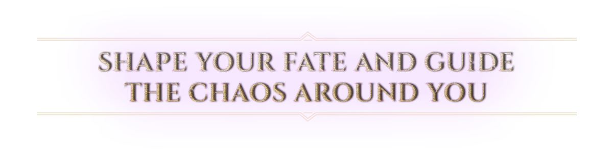 Hellforged: Purple banner with gold serif text, “SHAPE YOUR FATE AND GUIDE THE CHAOS”.