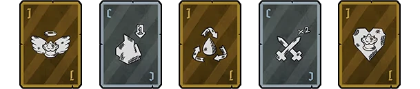 Hellmate: Five cards with icons: angel, hand, arrows, swords x2, and shield, on striped backgrounds.