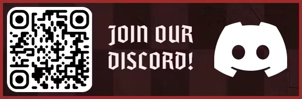 Hellmate: QR code and Discord logo with "JOIN OUR DISCORD!" in gothic white text.