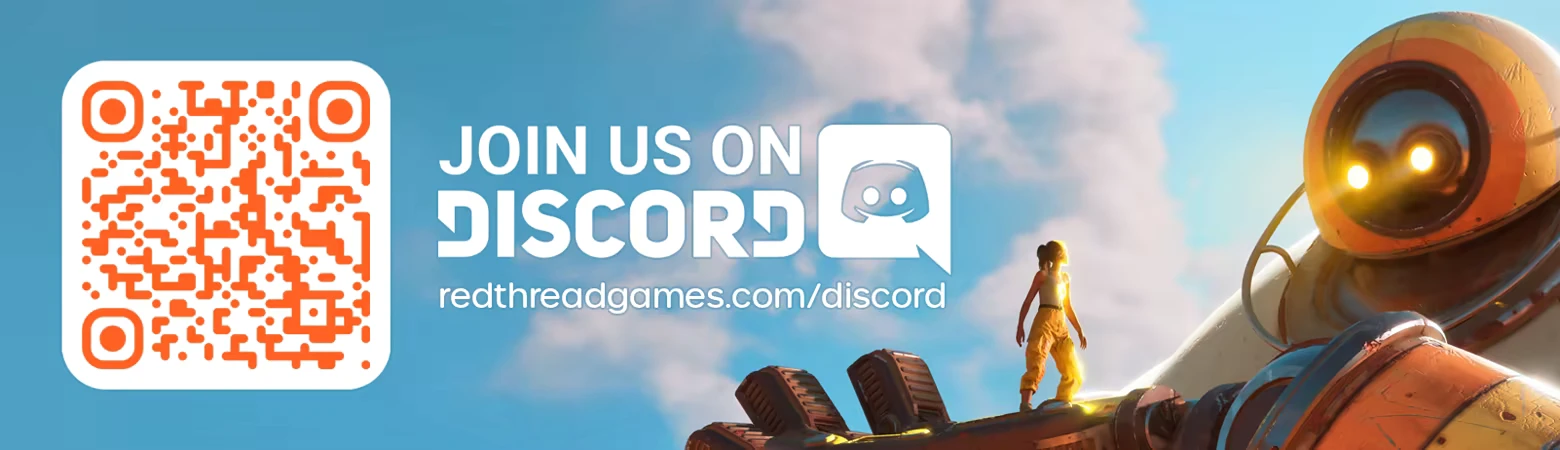 Discord Invite – Hello Sunshine Hello Sunshine: A character stands on a robot's arm, with a QR code and Discord invite text.