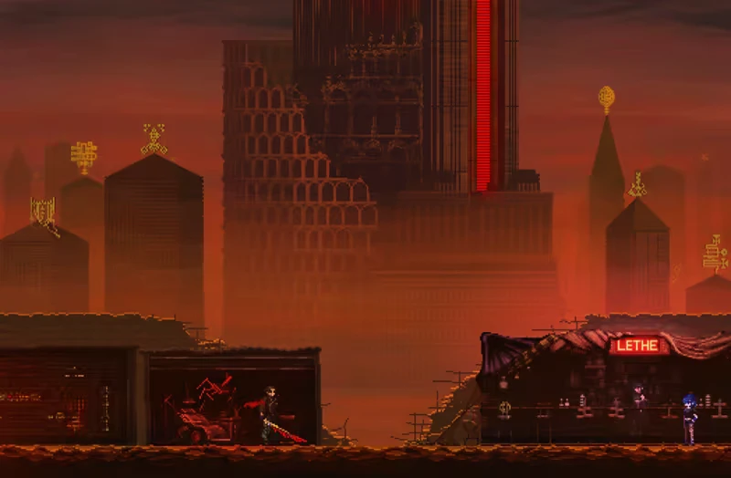 HellPunk: Asher Drake wields a red sword in a dark cityscape with a neon "LETHE" sign.