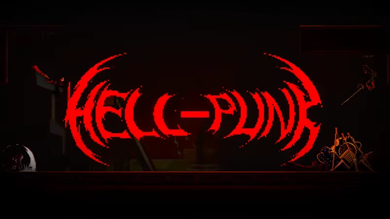 HellPunk: Bold red logo with jagged edges, dark background, skeletal figure on the right.