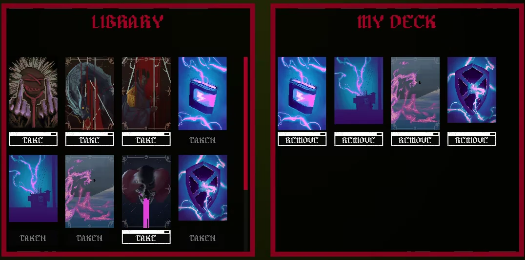 Library Deck Management – Hellwire Hellwire: Library and My Deck panels with card art and TAKE/REMOVE buttons, some TAKEN.