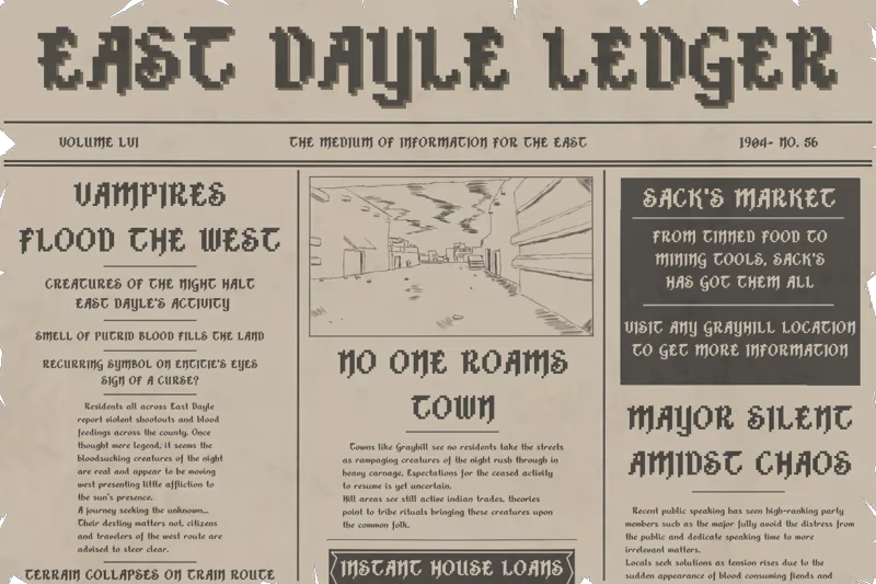 Newspaper Headlines – HEMOHOUND HEMOHOUND: Newspaper front page with “EAST DAYLE LEDGER” masthead and headlines.