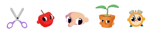 Henry Halfhead: Cartoon scissors, apple, half head, plant pot, and alarm clock with eyes.