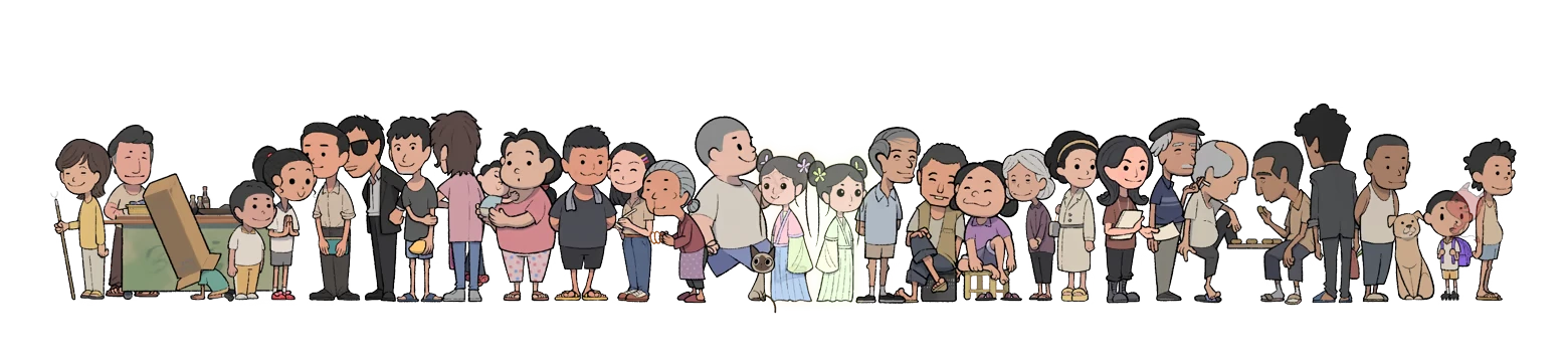 Herb Tea Man: Long line of cartoon people and a dog, side-view on white background.