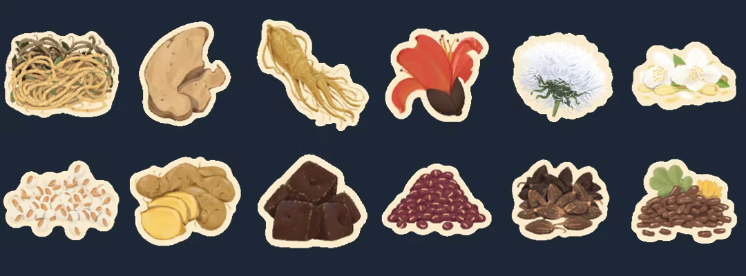 Herb Ingredients – Herb Tea Man Herb Tea Man: Sticker-style herbs, roots, flowers, seeds, beans, and dark chunks on navy background.