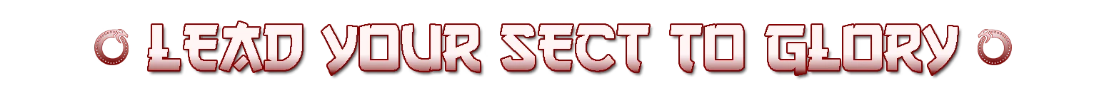 Heritage: Red-and-white pixel text “LEAD YOUR SECT TO GLORY!” with circular icons at ends.