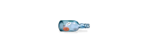 Hermit: A blue bottle on its side with a small orange crab inside, speech bubble with ellipsis.