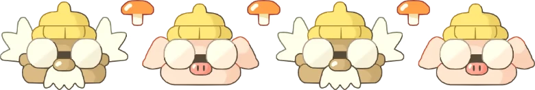 Hermit and Pig: Cartoon faces of a hermit and pig with yellow hats, surrounded by orange mushrooms.