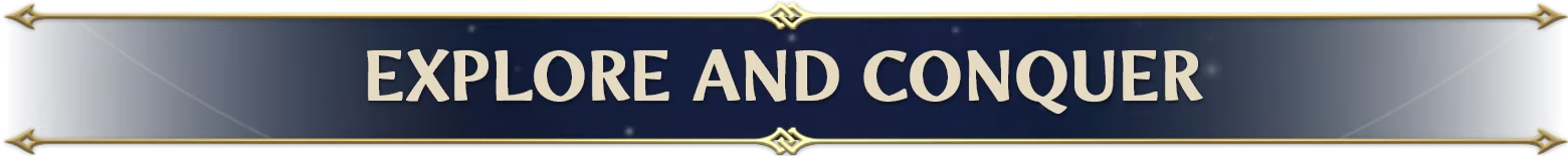 Heroes of Might and Magic: "Explore and Conquer" text on a dark blue banner with gold accents.