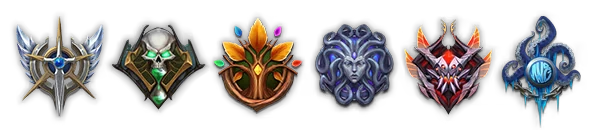 Heroes of Might and Magic: Six faction emblems, including skull, tree, and Medusa-like face.