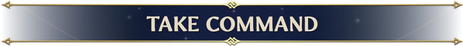 Heroes of Might and Magic: Bold "TAKE COMMAND" text on a dark blue banner with gold trim.