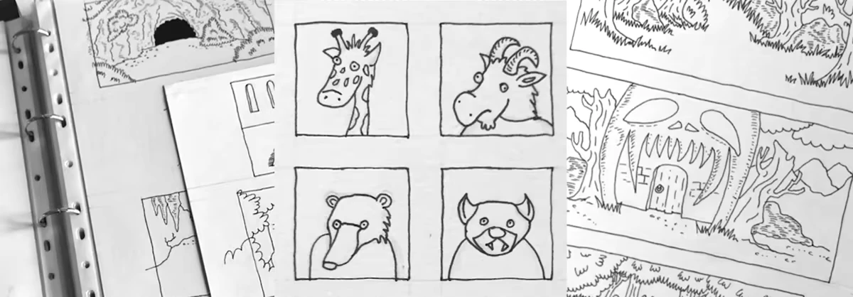 Heroes of the Seven Islands: Sketches of animals and a cave, with a skull-shaped entrance.