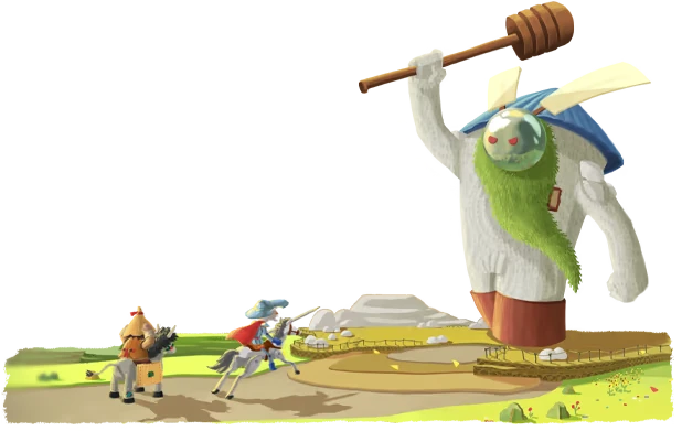 Hidalgo: White title and text beside windmill giant raising mallet over riders.