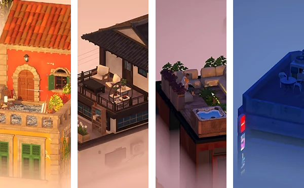 High Above: Four rooftop scenes with vibrant courtyards, modern lounges, and cozy seating areas.