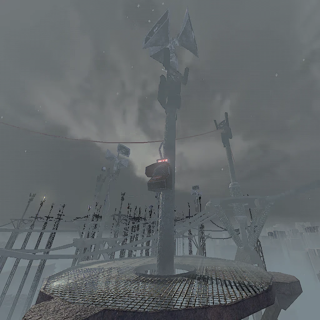 High Walk: Snowy rooftop platform with tall pole, siren light, and red cable line overhead.