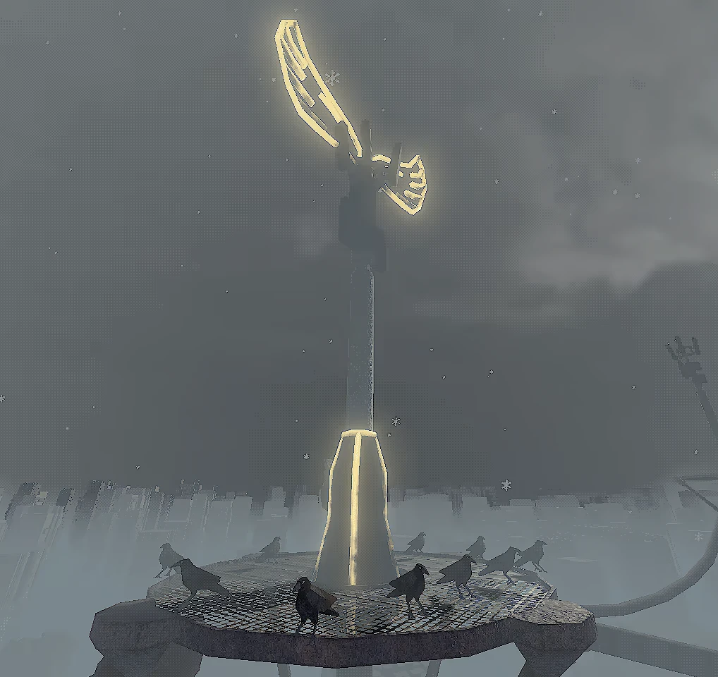 High Walk: Glowing wind turbine above snowy platform with crows in foggy sky.
