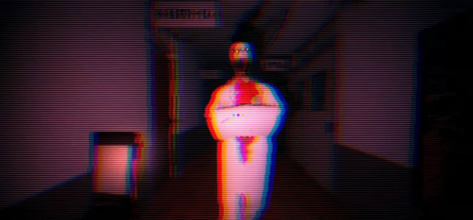 Hitobashira [人柱]: Glitchy figure holding a laptop in a dark hallway, scanlines visible.
