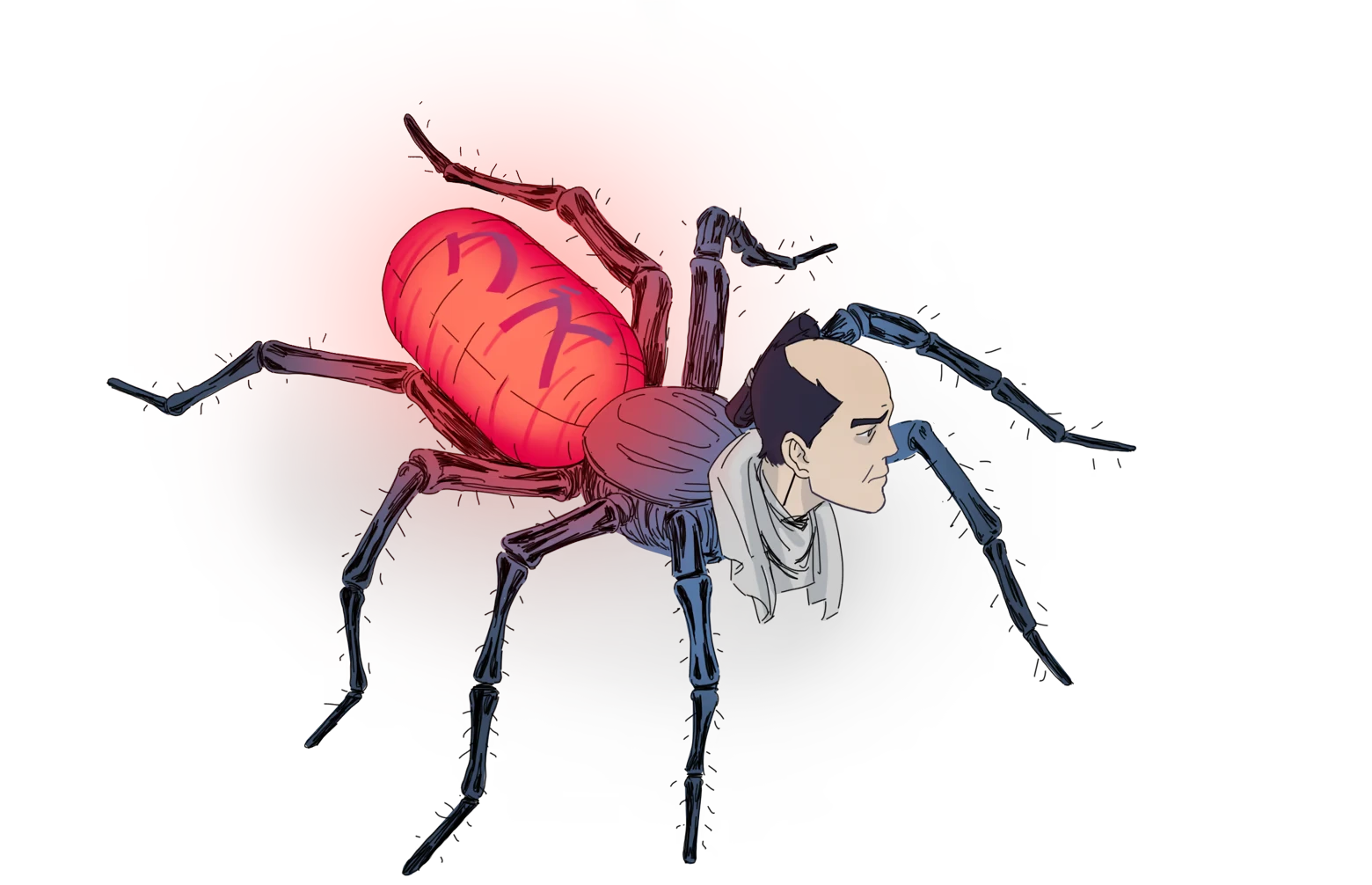 Hitobashira [人柱]: Spider with human head and red abdomen marked with Japanese text.
