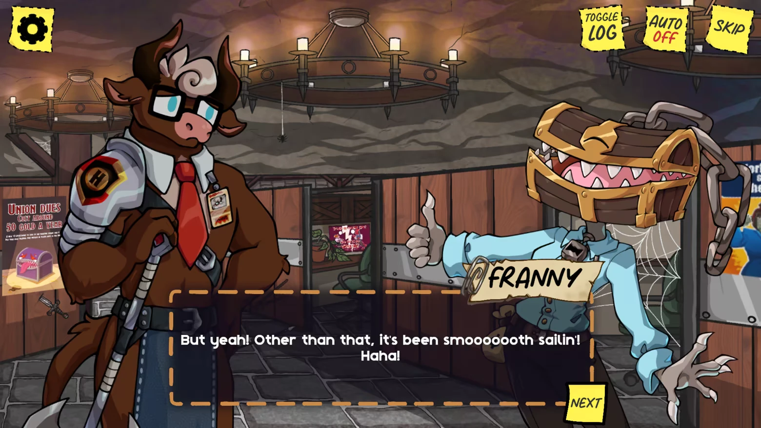 Coworker Conversation – Hoard's LLC: Limited Labyrinth Corporation Hoard's LLC: A bull character with glasses and a tie talks to a chest creature named Franny.