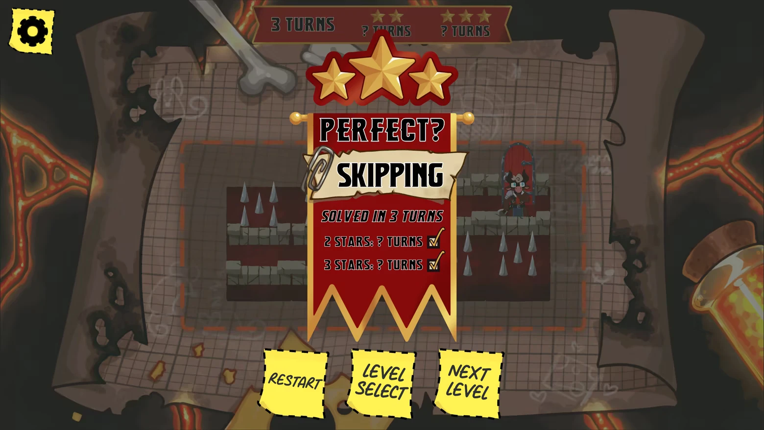 Level Completion – Hoard's LLC: Limited Labyrinth Corporation Hoard's LLC: Victory screen with "Perfect?" banner, three stars, and options for next level.