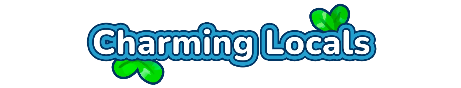 Charming Locals – Hokko Spaces Hokko Spaces: “Charming Locals” title in white bubble letters with blue outline and leaves.